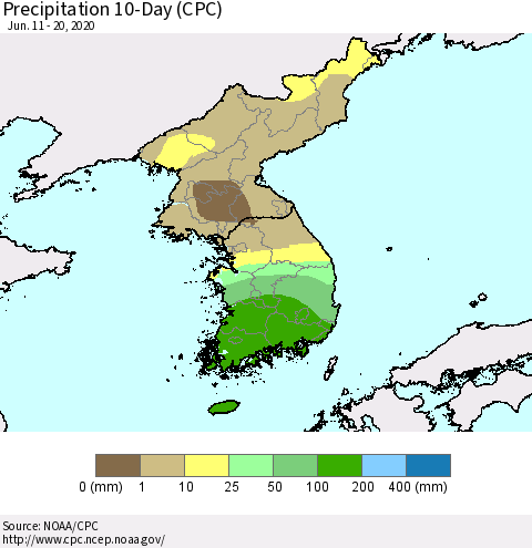 Korea Precipitation 10-Day (CPC) Thematic Map For 6/11/2020 - 6/20/2020