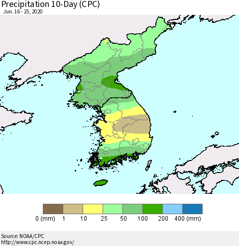 Korea Precipitation 10-Day (CPC) Thematic Map For 6/16/2020 - 6/25/2020