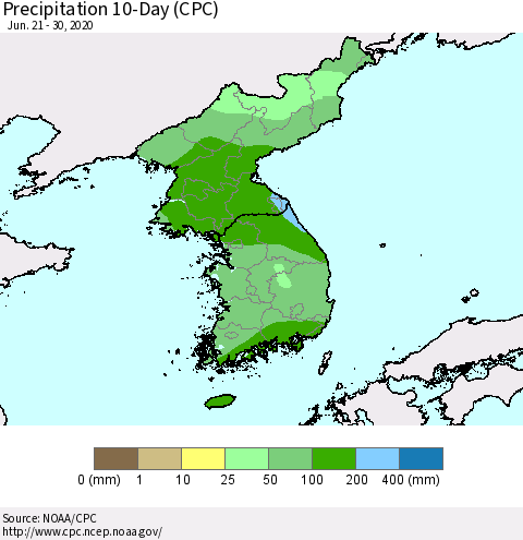 Korea Precipitation 10-Day (CPC) Thematic Map For 6/21/2020 - 6/30/2020