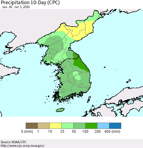 Korea Precipitation 10-Day (CPC) Thematic Map For 6/26/2020 - 7/5/2020