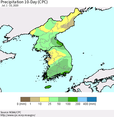 Korea Precipitation 10-Day (CPC) Thematic Map For 7/1/2020 - 7/10/2020