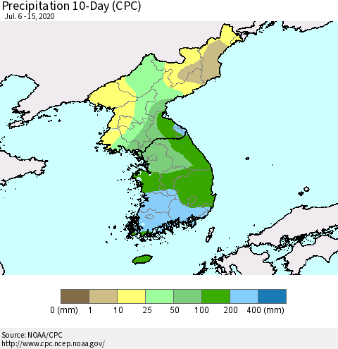 Korea Precipitation 10-Day (CPC) Thematic Map For 7/6/2020 - 7/15/2020