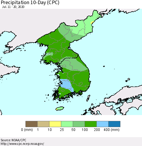 Korea Precipitation 10-Day (CPC) Thematic Map For 7/11/2020 - 7/20/2020