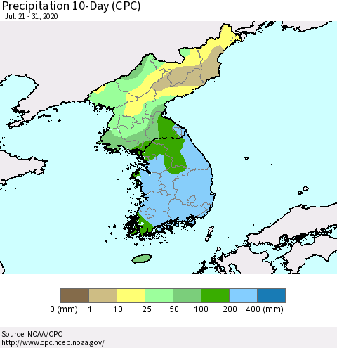 Korea Precipitation 10-Day (CPC) Thematic Map For 7/21/2020 - 7/31/2020