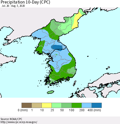 Korea Precipitation 10-Day (CPC) Thematic Map For 7/26/2020 - 8/5/2020