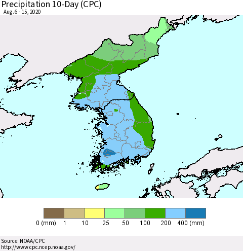 Korea Precipitation 10-Day (CPC) Thematic Map For 8/6/2020 - 8/15/2020
