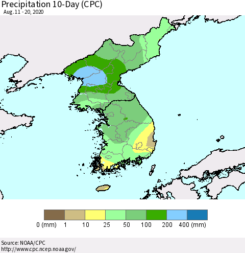 Korea Precipitation 10-Day (CPC) Thematic Map For 8/11/2020 - 8/20/2020