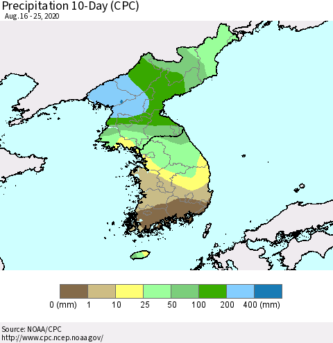 Korea Precipitation 10-Day (CPC) Thematic Map For 8/16/2020 - 8/25/2020