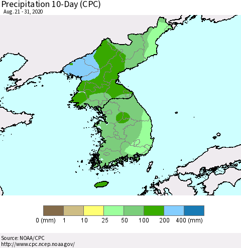 Korea Precipitation 10-Day (CPC) Thematic Map For 8/21/2020 - 8/31/2020