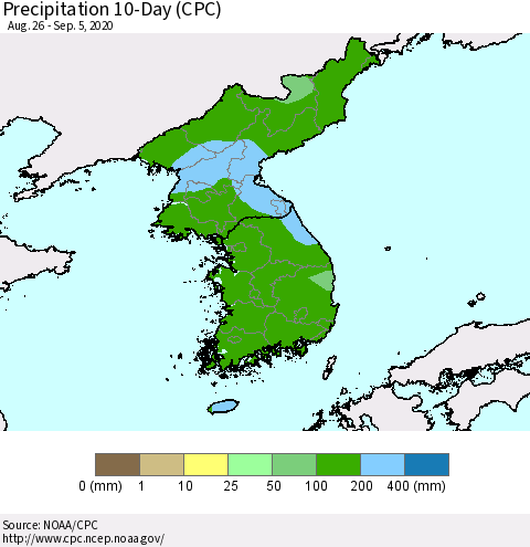 Korea Precipitation 10-Day (CPC) Thematic Map For 8/26/2020 - 9/5/2020