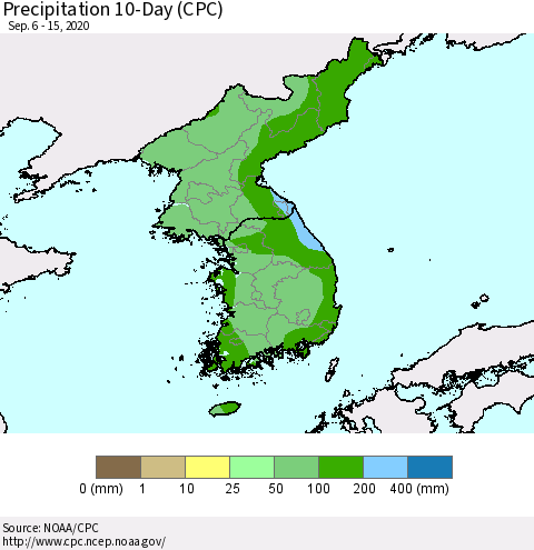 Korea Precipitation 10-Day (CPC) Thematic Map For 9/6/2020 - 9/15/2020