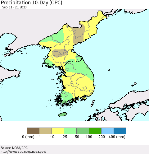 Korea Precipitation 10-Day (CPC) Thematic Map For 9/11/2020 - 9/20/2020