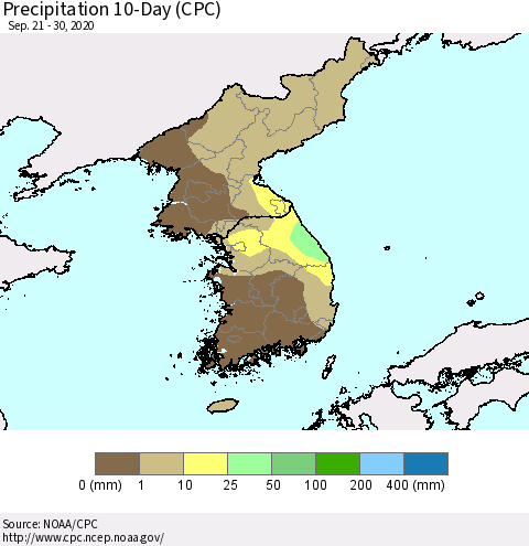Korea Precipitation 10-Day (CPC) Thematic Map For 9/21/2020 - 9/30/2020