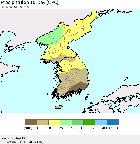 Korea Precipitation 10-Day (CPC) Thematic Map For 9/26/2020 - 10/5/2020
