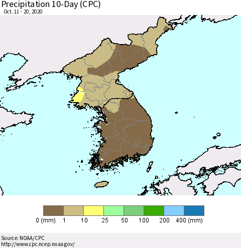 Korea Precipitation 10-Day (CPC) Thematic Map For 10/11/2020 - 10/20/2020