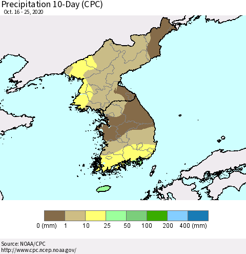 Korea Precipitation 10-Day (CPC) Thematic Map For 10/16/2020 - 10/25/2020