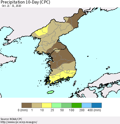 Korea Precipitation 10-Day (CPC) Thematic Map For 10/21/2020 - 10/31/2020
