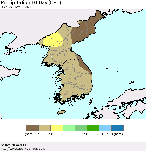 Korea Precipitation 10-Day (CPC) Thematic Map For 10/26/2020 - 11/5/2020