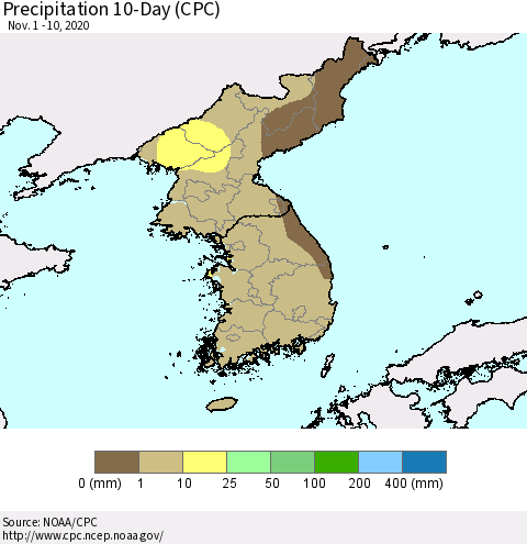 Korea Precipitation 10-Day (CPC) Thematic Map For 11/1/2020 - 11/10/2020