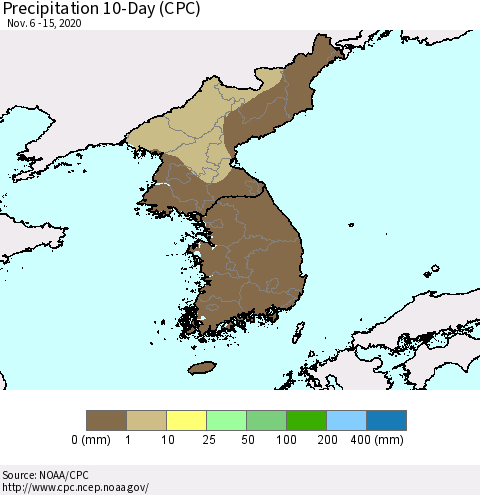 Korea Precipitation 10-Day (CPC) Thematic Map For 11/6/2020 - 11/15/2020