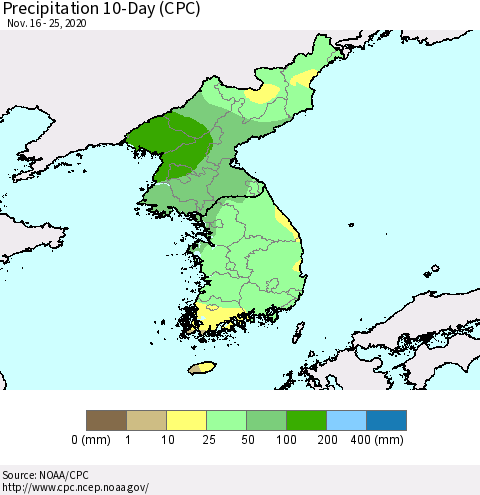 Korea Precipitation 10-Day (CPC) Thematic Map For 11/16/2020 - 11/25/2020