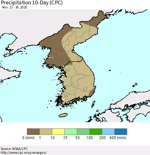 Korea Precipitation 10-Day (CPC) Thematic Map For 11/21/2020 - 11/30/2020