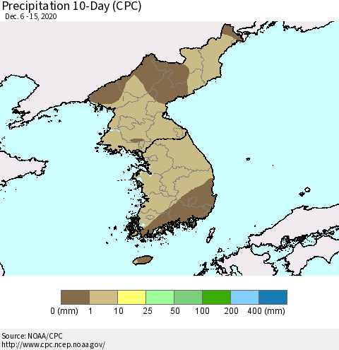 Korea Precipitation 10-Day (CPC) Thematic Map For 12/6/2020 - 12/15/2020