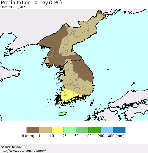 Korea Precipitation 10-Day (CPC) Thematic Map For 12/21/2020 - 12/31/2020
