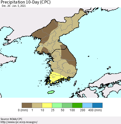 Korea Precipitation 10-Day (CPC) Thematic Map For 12/26/2020 - 1/5/2021