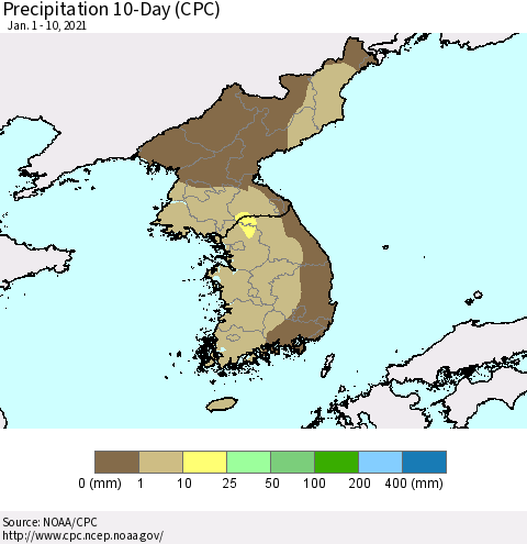 Korea Precipitation 10-Day (CPC) Thematic Map For 1/1/2021 - 1/10/2021