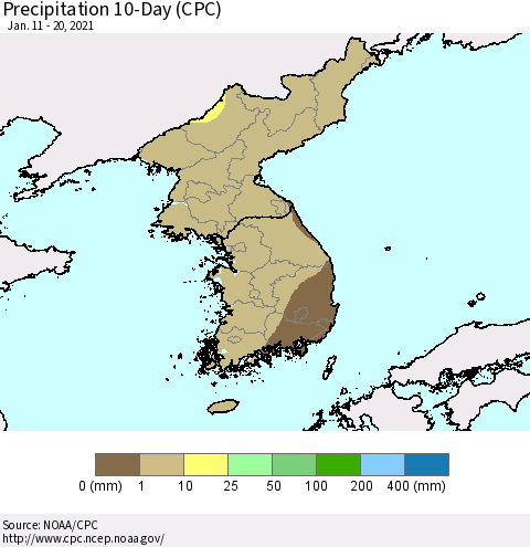 Korea Precipitation 10-Day (CPC) Thematic Map For 1/11/2021 - 1/20/2021