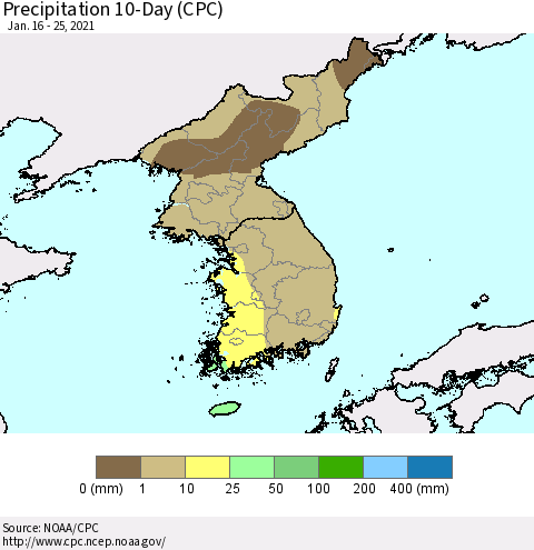 Korea Precipitation 10-Day (CPC) Thematic Map For 1/16/2021 - 1/25/2021