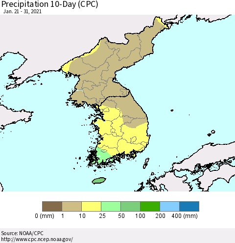 Korea Precipitation 10-Day (CPC) Thematic Map For 1/21/2021 - 1/31/2021