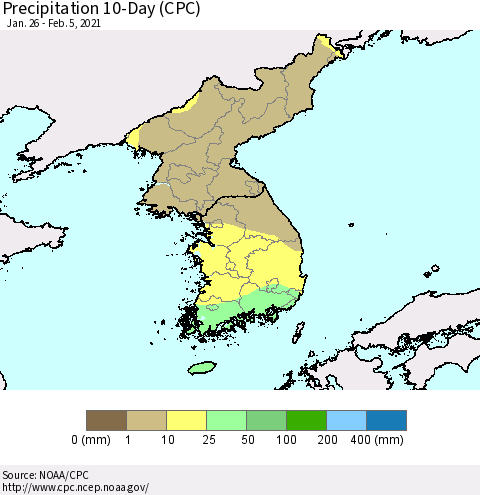 Korea Precipitation 10-Day (CPC) Thematic Map For 1/26/2021 - 2/5/2021