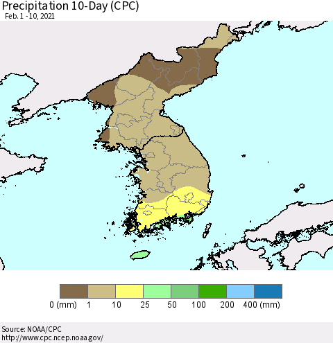 Korea Precipitation 10-Day (CPC) Thematic Map For 2/1/2021 - 2/10/2021