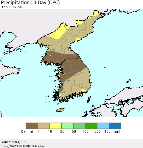 Korea Precipitation 10-Day (CPC) Thematic Map For 2/6/2021 - 2/15/2021