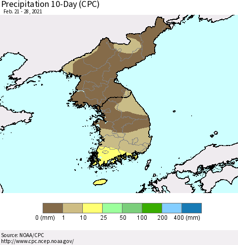 Korea Precipitation 10-Day (CPC) Thematic Map For 2/21/2021 - 2/28/2021