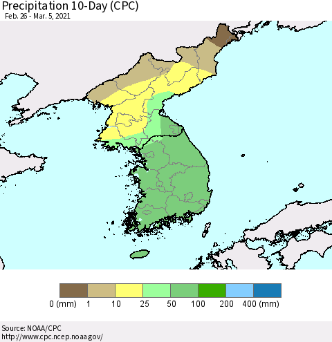 Korea Precipitation 10-Day (CPC) Thematic Map For 2/26/2021 - 3/5/2021