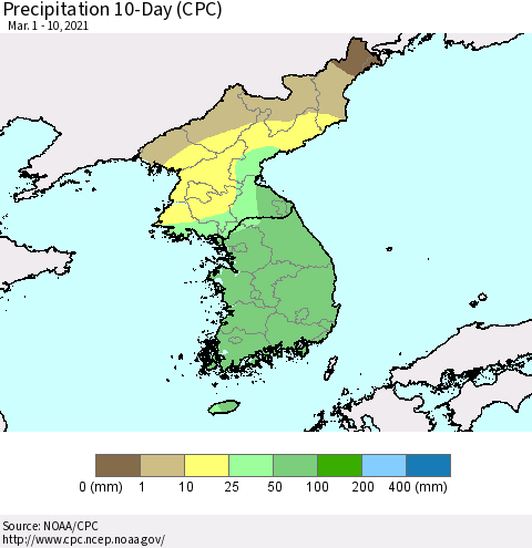 Korea Precipitation 10-Day (CPC) Thematic Map For 3/1/2021 - 3/10/2021