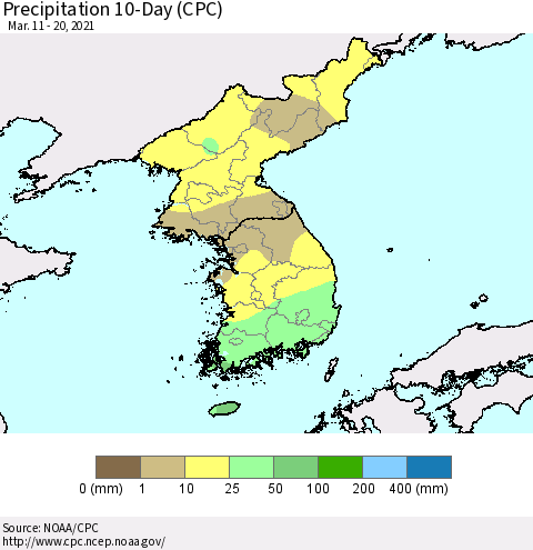 Korea Precipitation 10-Day (CPC) Thematic Map For 3/11/2021 - 3/20/2021