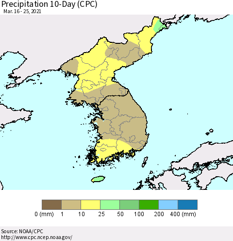 Korea Precipitation 10-Day (CPC) Thematic Map For 3/16/2021 - 3/25/2021