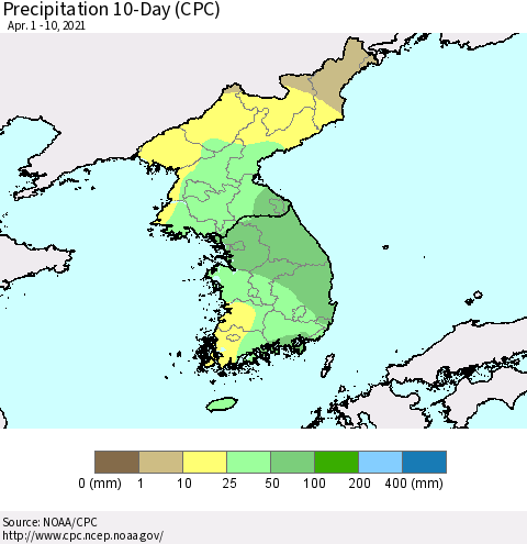 Korea Precipitation 10-Day (CPC) Thematic Map For 4/1/2021 - 4/10/2021