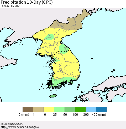 Korea Precipitation 10-Day (CPC) Thematic Map For 4/6/2021 - 4/15/2021