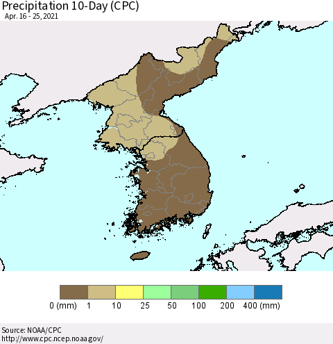 Korea Precipitation 10-Day (CPC) Thematic Map For 4/16/2021 - 4/25/2021