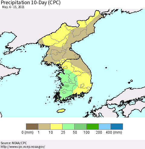 Korea Precipitation 10-Day (CPC) Thematic Map For 5/6/2021 - 5/15/2021