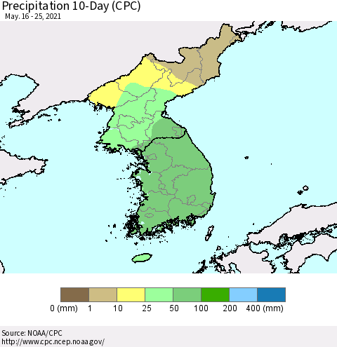 Korea Precipitation 10-Day (CPC) Thematic Map For 5/16/2021 - 5/25/2021