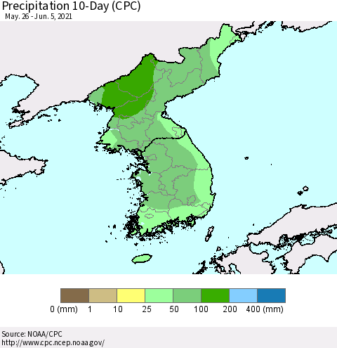Korea Precipitation 10-Day (CPC) Thematic Map For 5/26/2021 - 6/5/2021