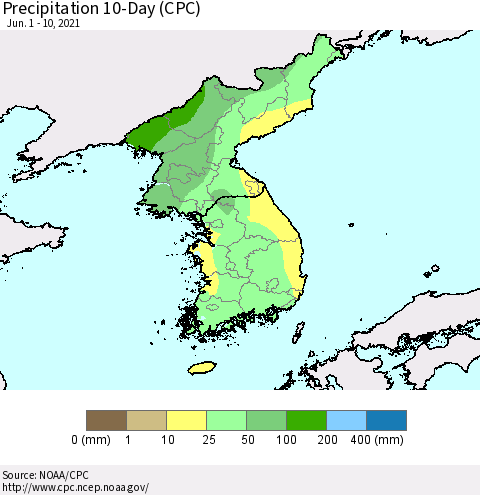 Korea Precipitation 10-Day (CPC) Thematic Map For 6/1/2021 - 6/10/2021