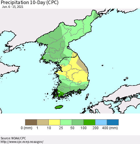 Korea Precipitation 10-Day (CPC) Thematic Map For 6/6/2021 - 6/15/2021