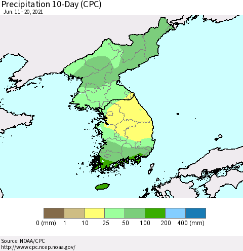 Korea Precipitation 10-Day (CPC) Thematic Map For 6/11/2021 - 6/20/2021